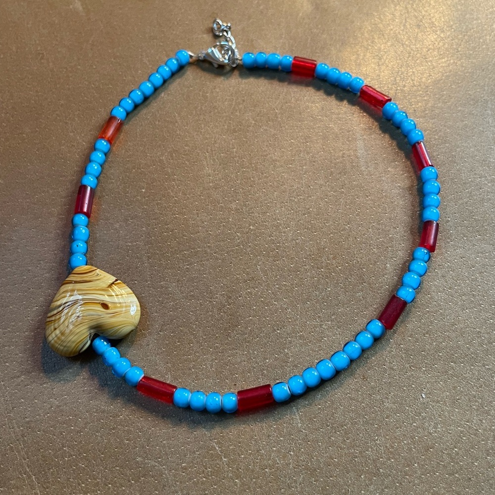 Asymmetrical glass bead choker heart handmade designer blue red